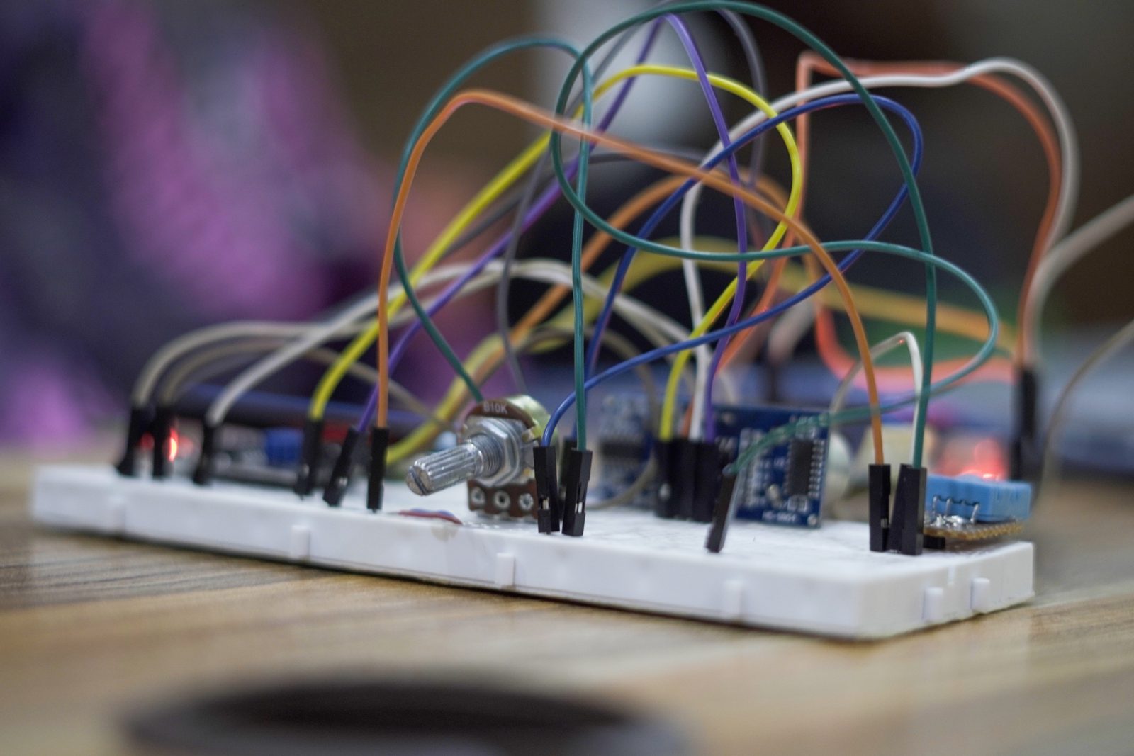 Detailed close-up of an Arduino breadboard project